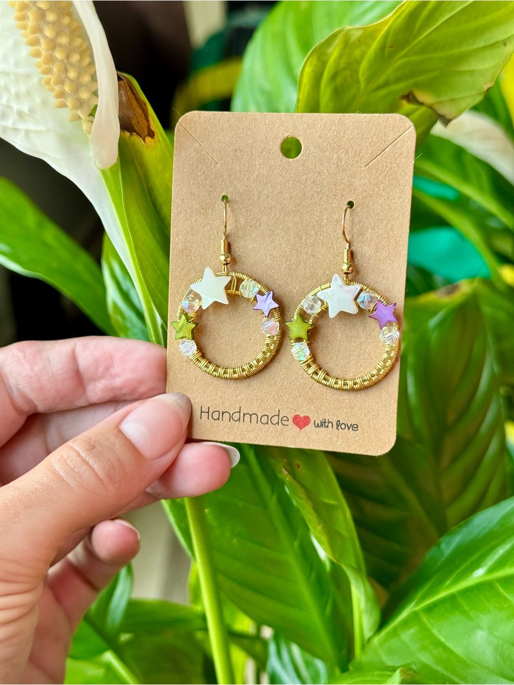 Handmade Gold Star Hoop Earrings — Colorful Pastel Accents